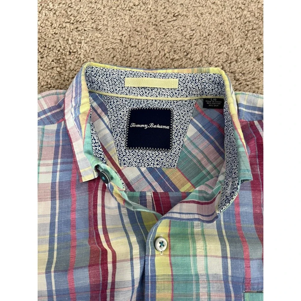 TOMMY BAHAMA Madras Plaid Multicolor Cotton Silk Shirt Pocket Men’s Size Large - Picture 3 of 11